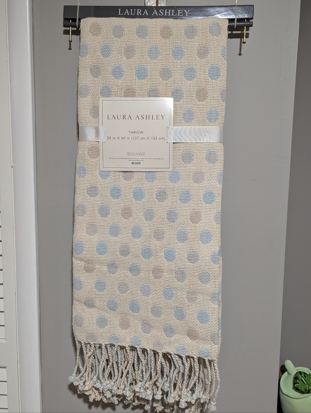 Laura Ashley Cream Throw with Blue and Beige Polka Dots and Fringe